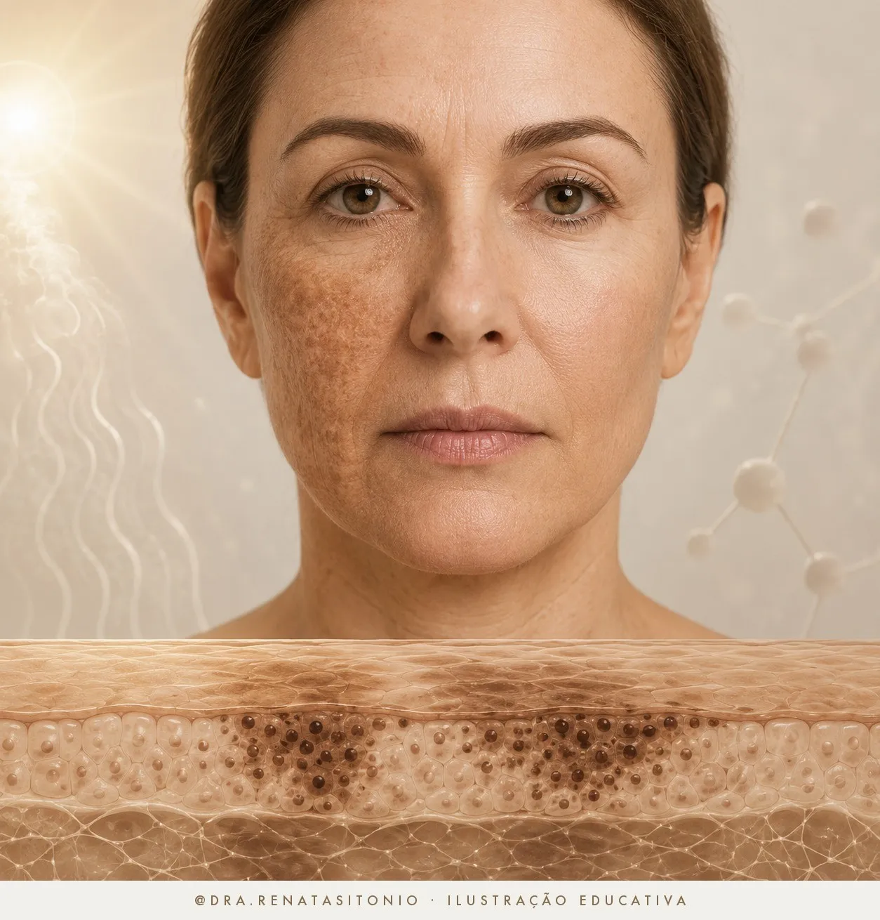 Ilustração educativa: a concentração irregular de melanina na epiderme e os fatores que influenciam o melasma