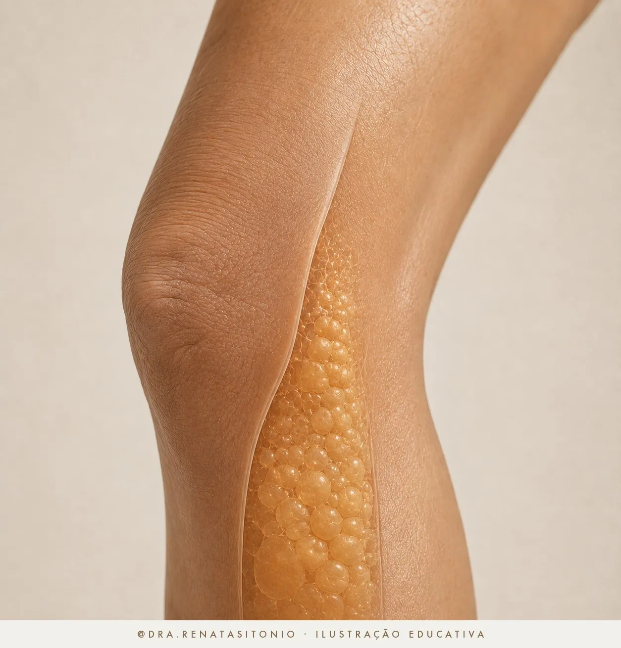 Ilustração educativa: a pele fina acima do joelho com a rarefação do colágeno