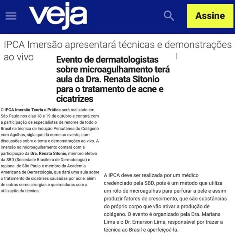 Print do site da Veja, mostrando que a Dr. Renata Sitonio dará uma aula sobre tratamento de cicatrizes de acne em um evento.